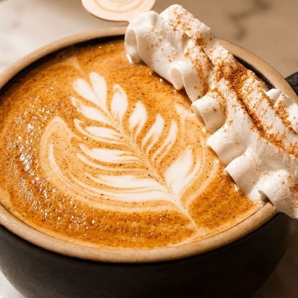 Close-up of a latte with leaf art, topped with whipped cream and cinnamon on a stick.