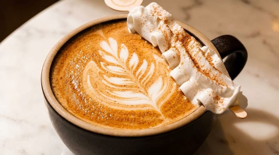 Close-up of a latte with leaf art, topped with whipped cream and cinnamon on a stick.
