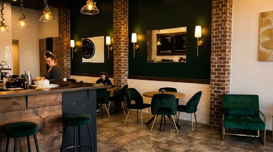 A cozy coffee shop interior with a barista, dark green walls, brick pillars, and velvet seating.