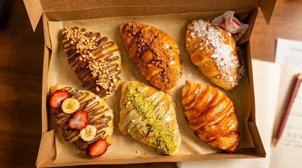 Six gourmet croissants with various toppings like nuts, fruit, and coconut, in a brown box.